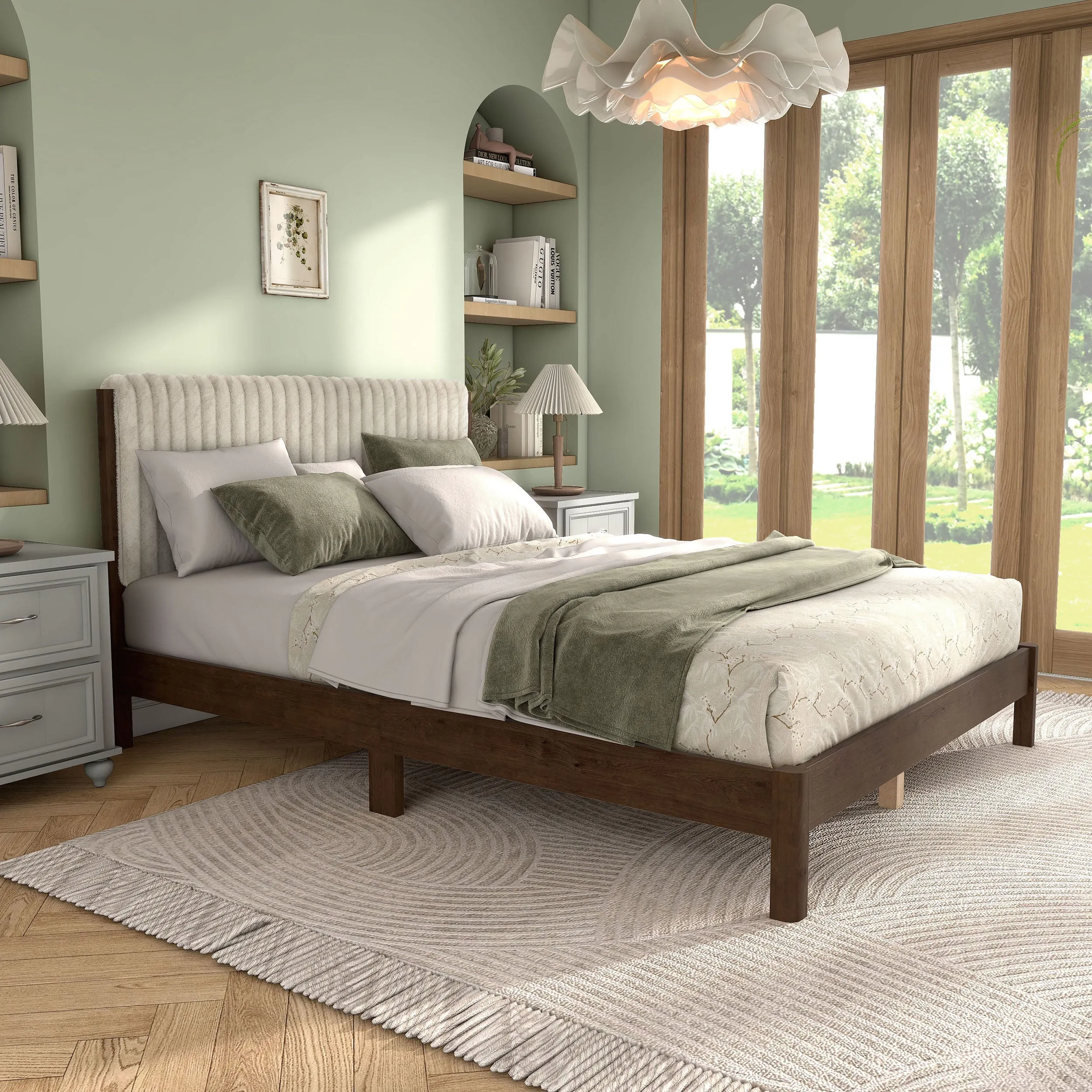 Alder Wood Frame Queen Platform Bed with Fabric Upholstery