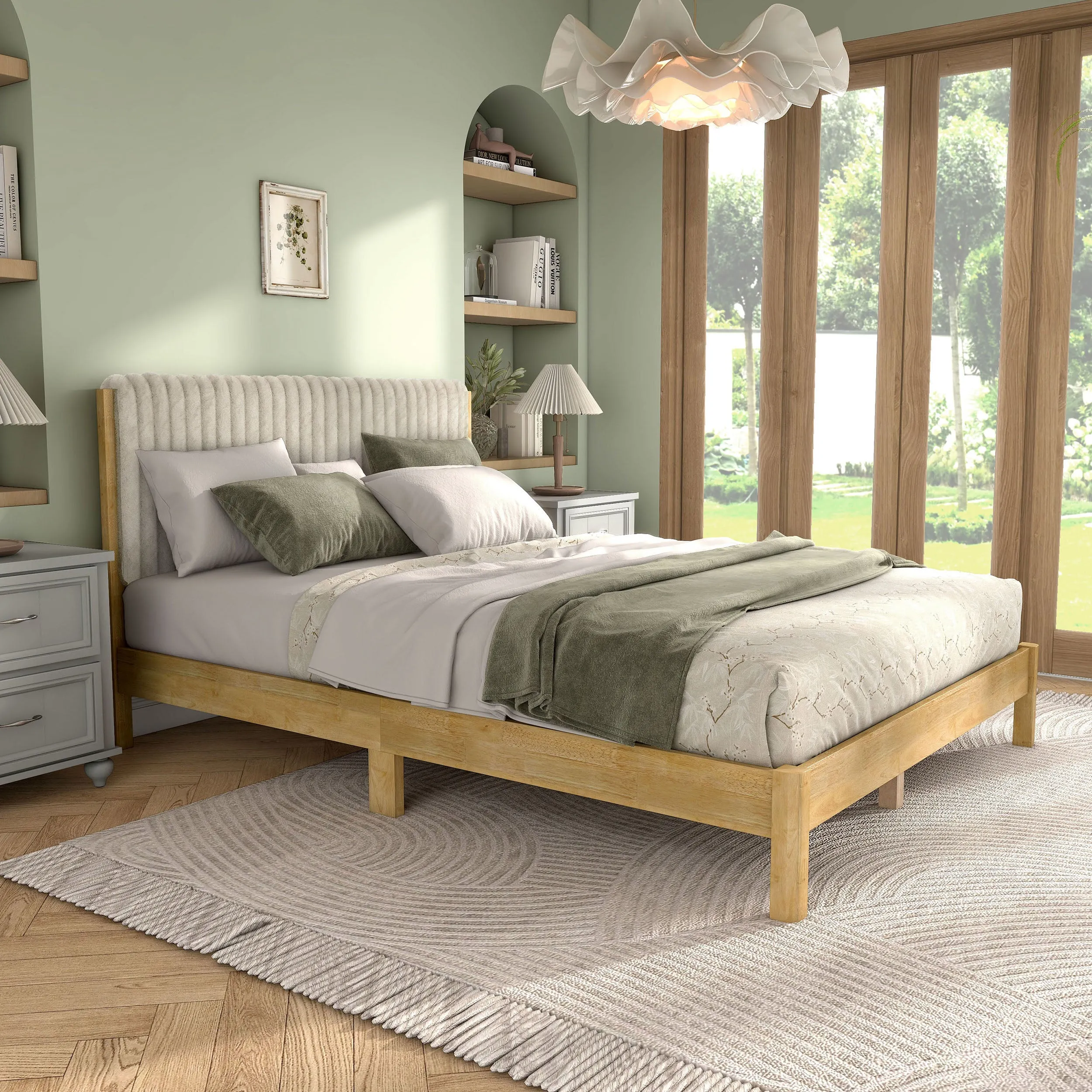 Alder Wood Frame Queen Platform Bed with Fabric Upholstery