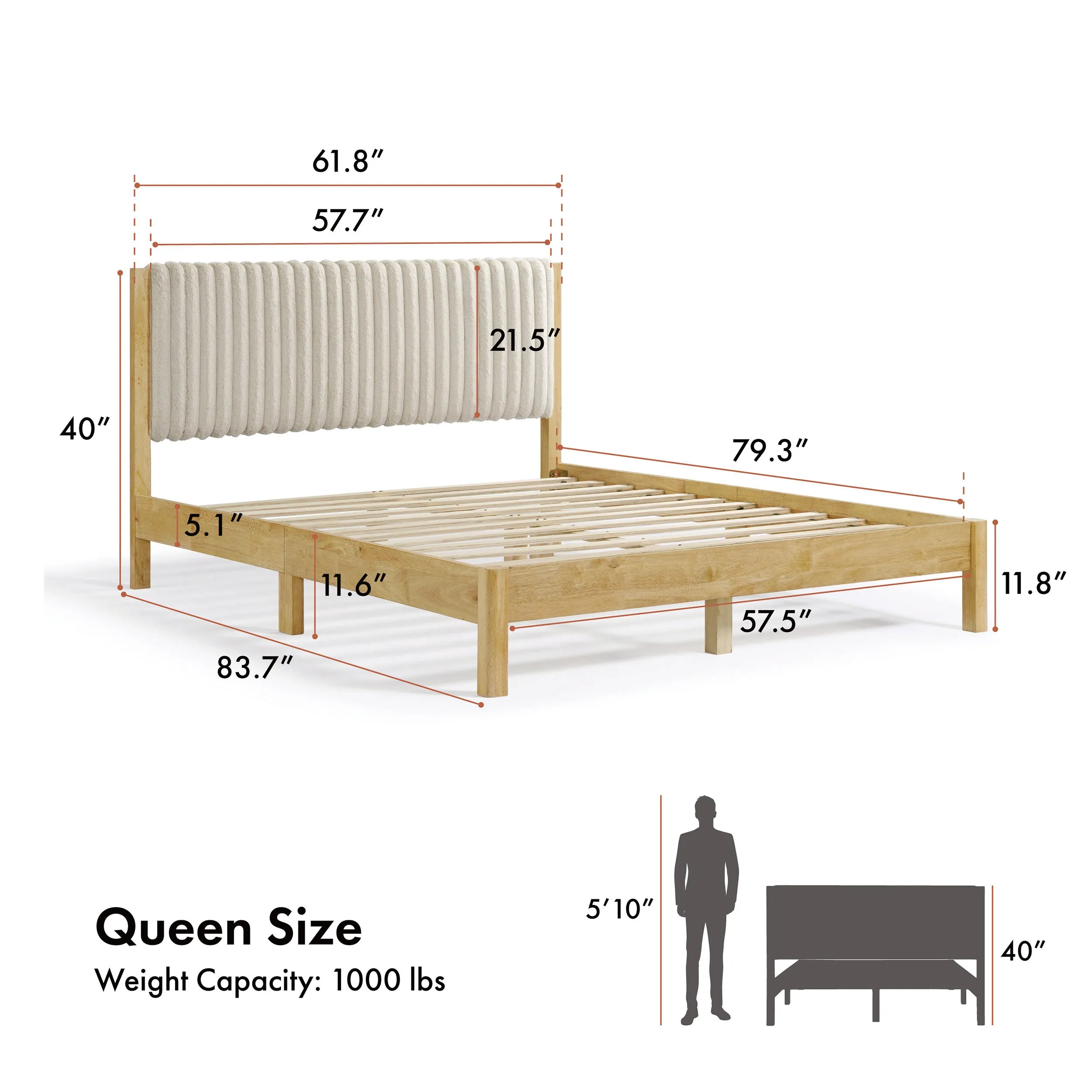 Alder Wood Frame Queen Platform Bed with Fabric Upholstery