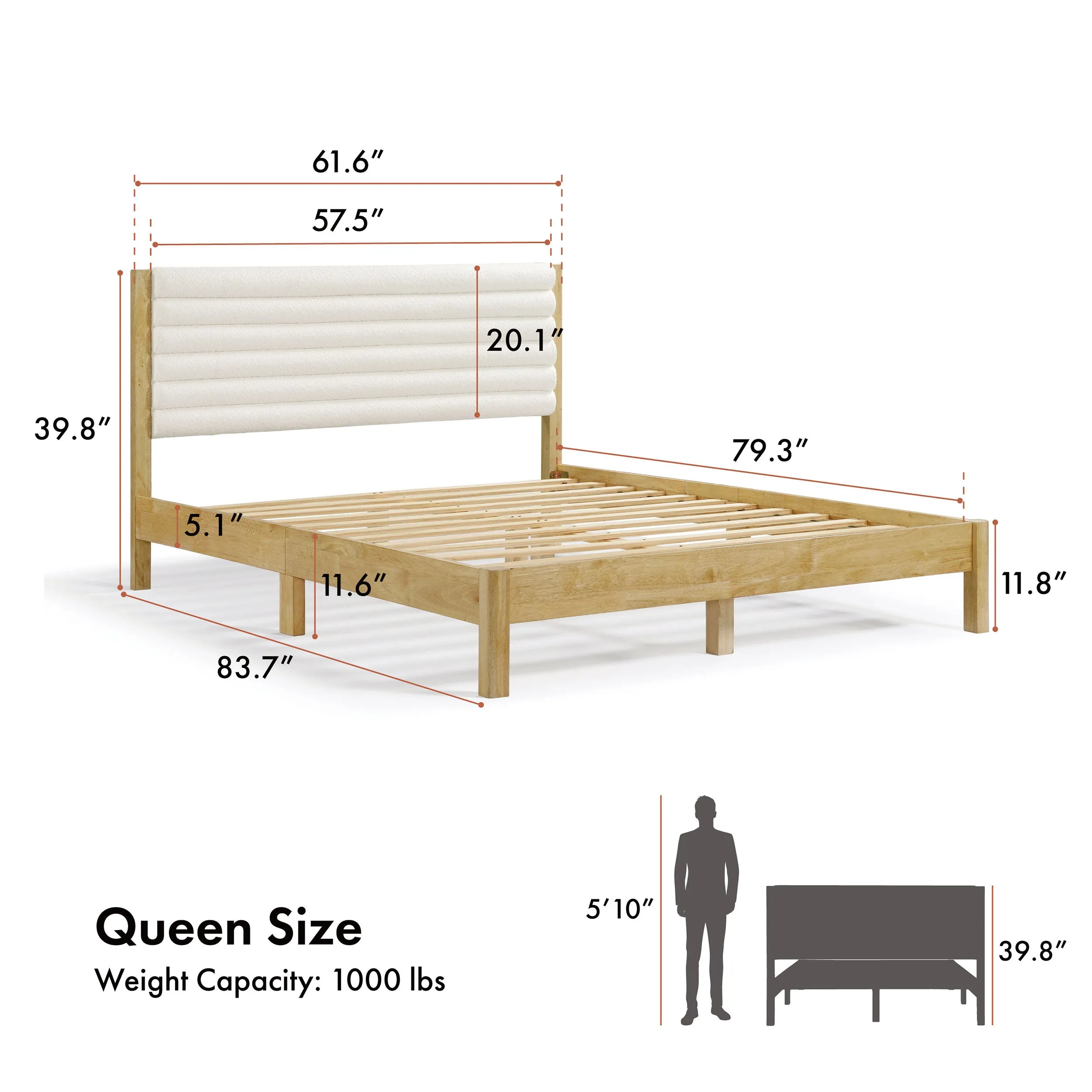 Alder Wood Frame Queen Platform Bed with Fabric Upholstery