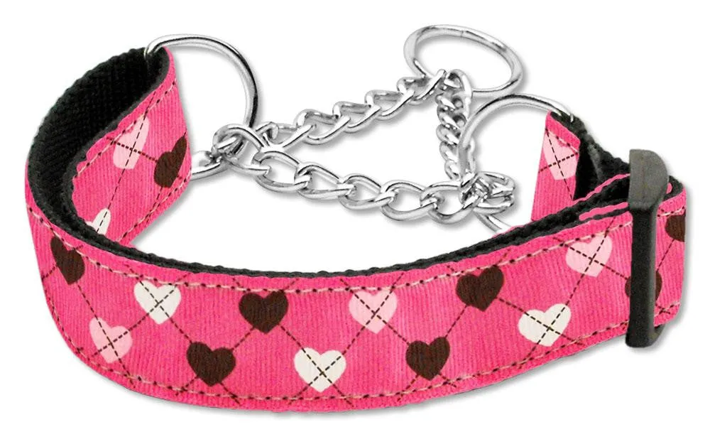 Argyle Hearts Nylon Ribbon Collar Martingale Bright Pink Large