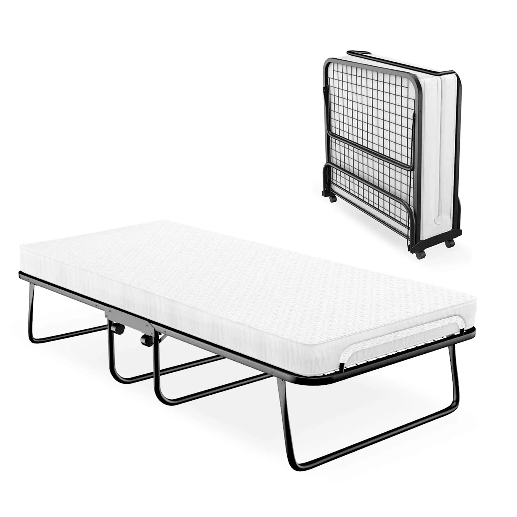 Coirfit Roallaway Single Folding Steel Bed with 5 Inch HR Foam Mattress with Lockable Wheels