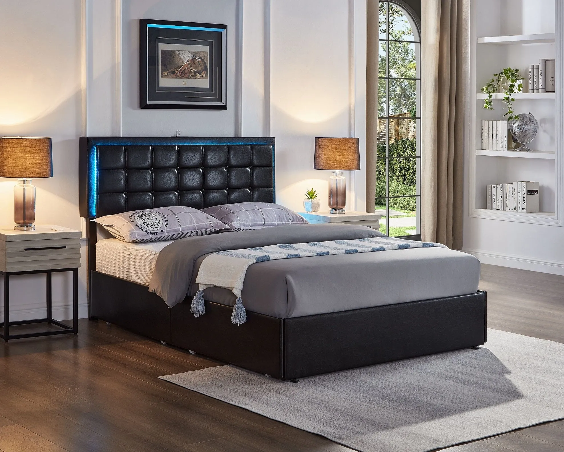 Contemporary Button Tufted Storage Bed in Soft Black Leatherette