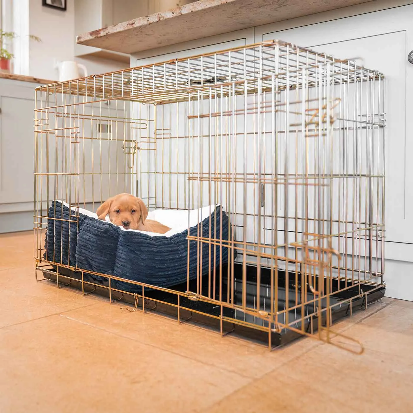 Cosy & Calming Puppy Crate Bed in Navy Essentials Plush by Lords & Labradors