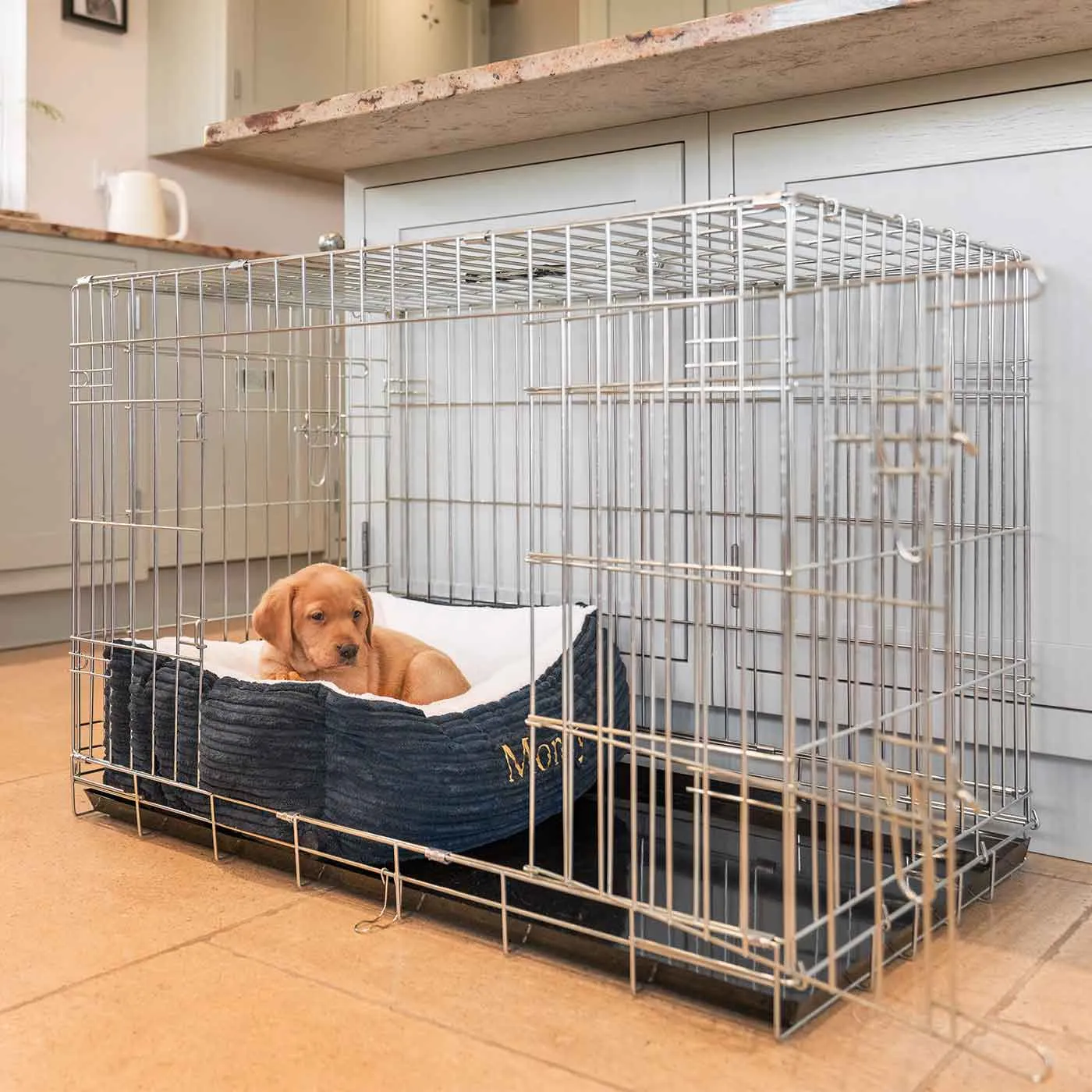 Cosy & Calming Puppy Crate Bed in Navy Essentials Plush by Lords & Labradors