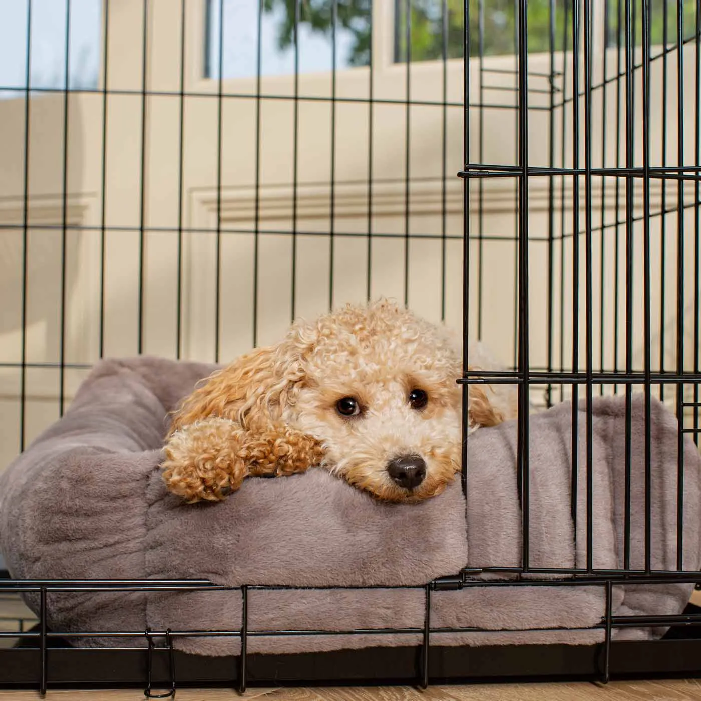 Cosy & Calming Puppy Crate Bed With Removable Covers in Calming Anti-Anxiety Fawn Faux Fur by Lords & Labradors