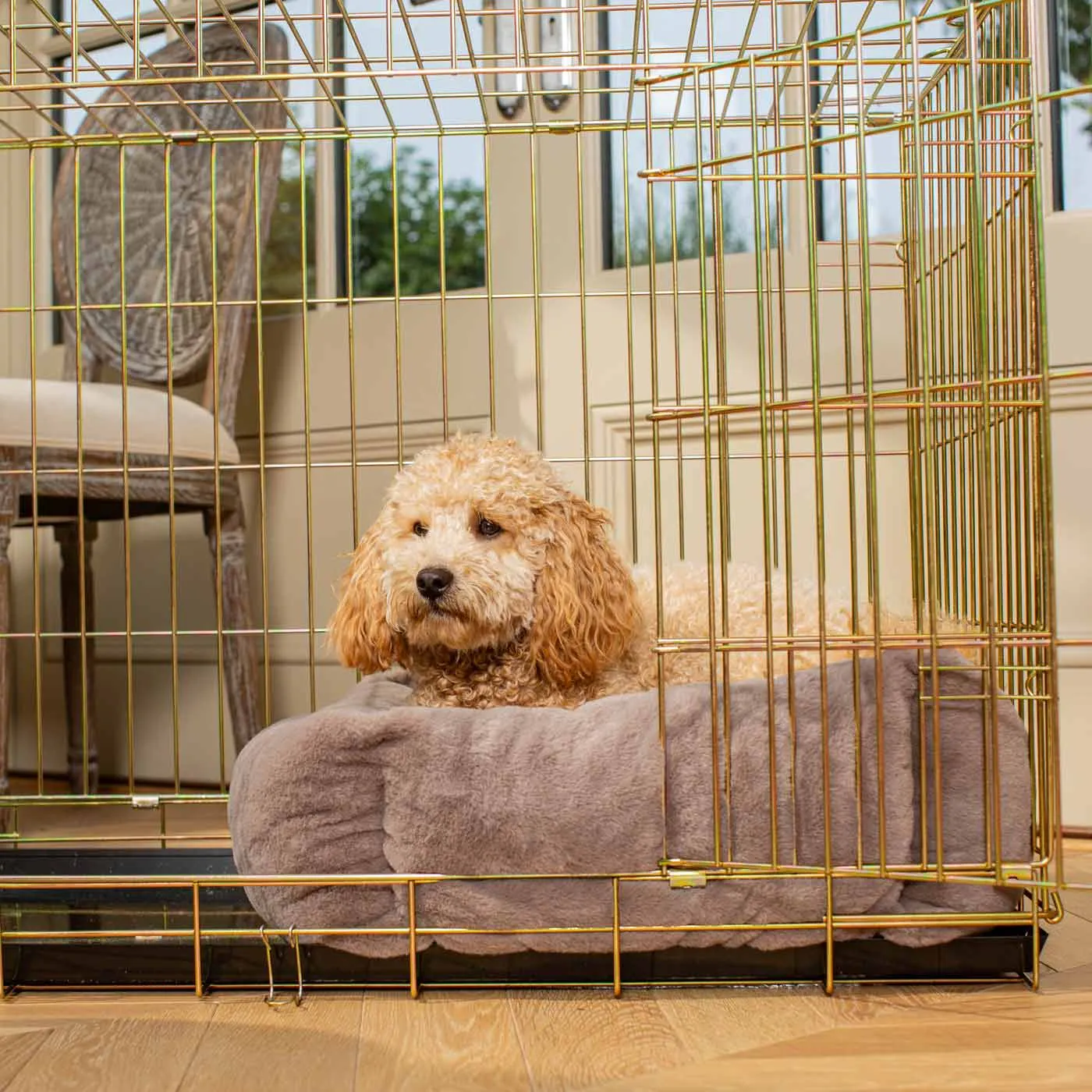 Cosy & Calming Puppy Crate Bed With Removable Covers in Calming Anti-Anxiety Fawn Faux Fur by Lords & Labradors