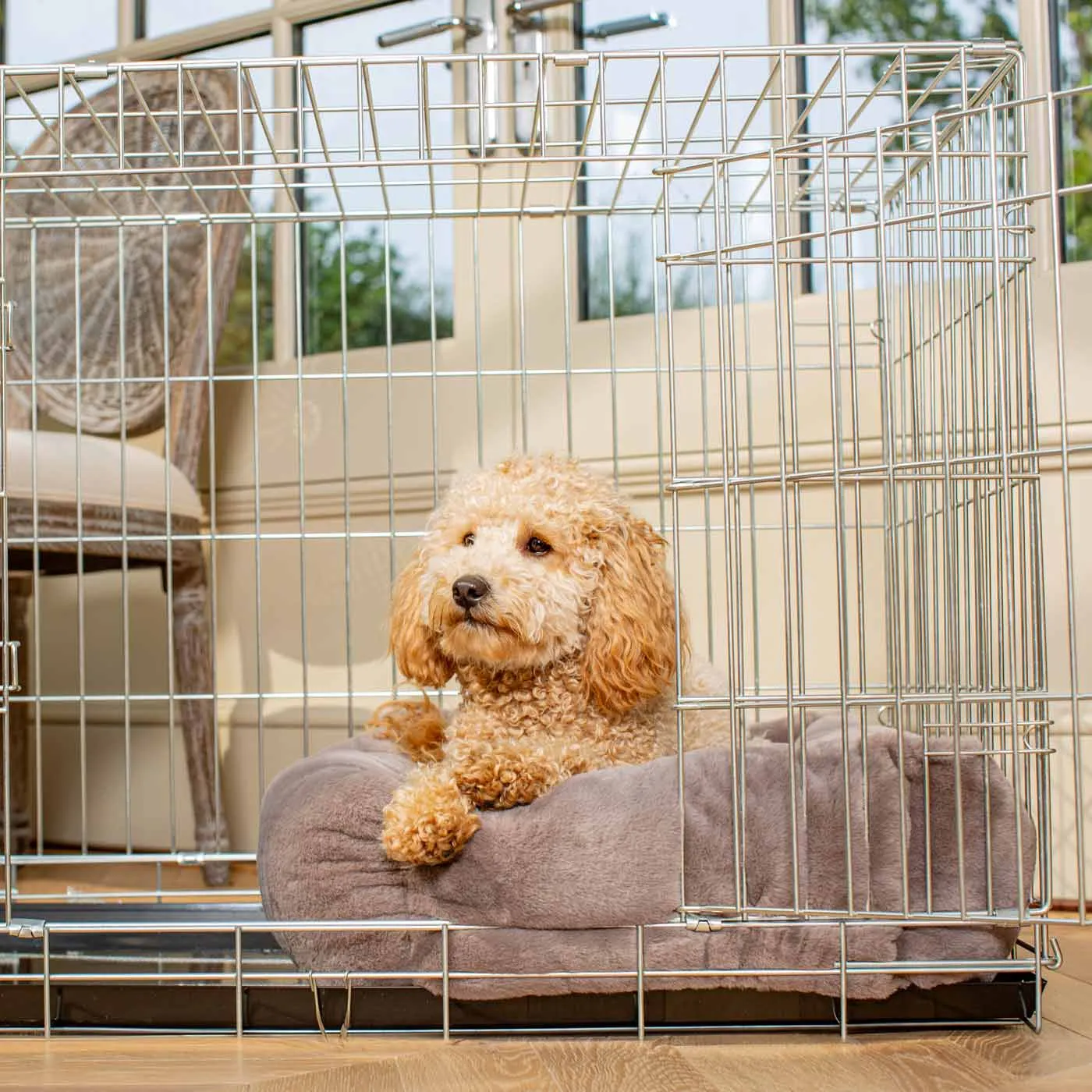 Cosy & Calming Puppy Crate Bed With Removable Covers in Calming Anti-Anxiety Fawn Faux Fur by Lords & Labradors