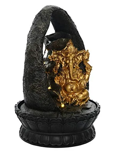 CRAFT SMITH Polyresin Chocolate Colour Ganesha Table Top Indoor Waterfall Fountain for Home Decor with LED Lights, Speed Controller Pump & Crystal Ball (Size: 25.5 x 21 x 18.5CM | Wt: 1145grm)