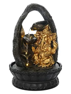 CRAFT SMITH Polyresin Chocolate Colour Ganesha Table Top Indoor Waterfall Fountain for Home Decor with LED Lights, Speed Controller Pump & Crystal Ball (Size: 25.5 x 21 x 18.5CM | Wt: 1145grm)