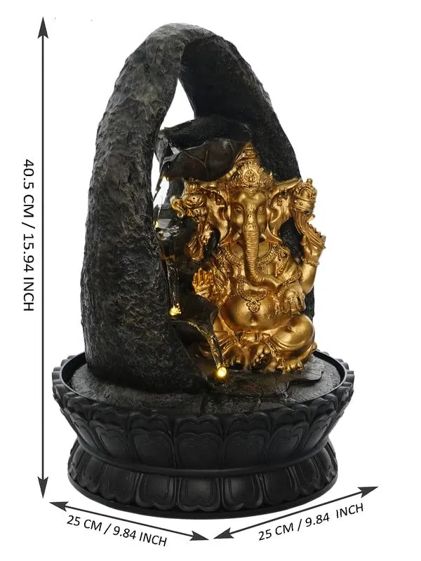 CRAFT SMITH Polyresin Chocolate Colour Ganesha Table Top Indoor Waterfall Fountain for Home Decor with LED Lights, Speed Controller Pump & Crystal Ball (Size: 25.5 x 21 x 18.5CM | Wt: 1145grm)