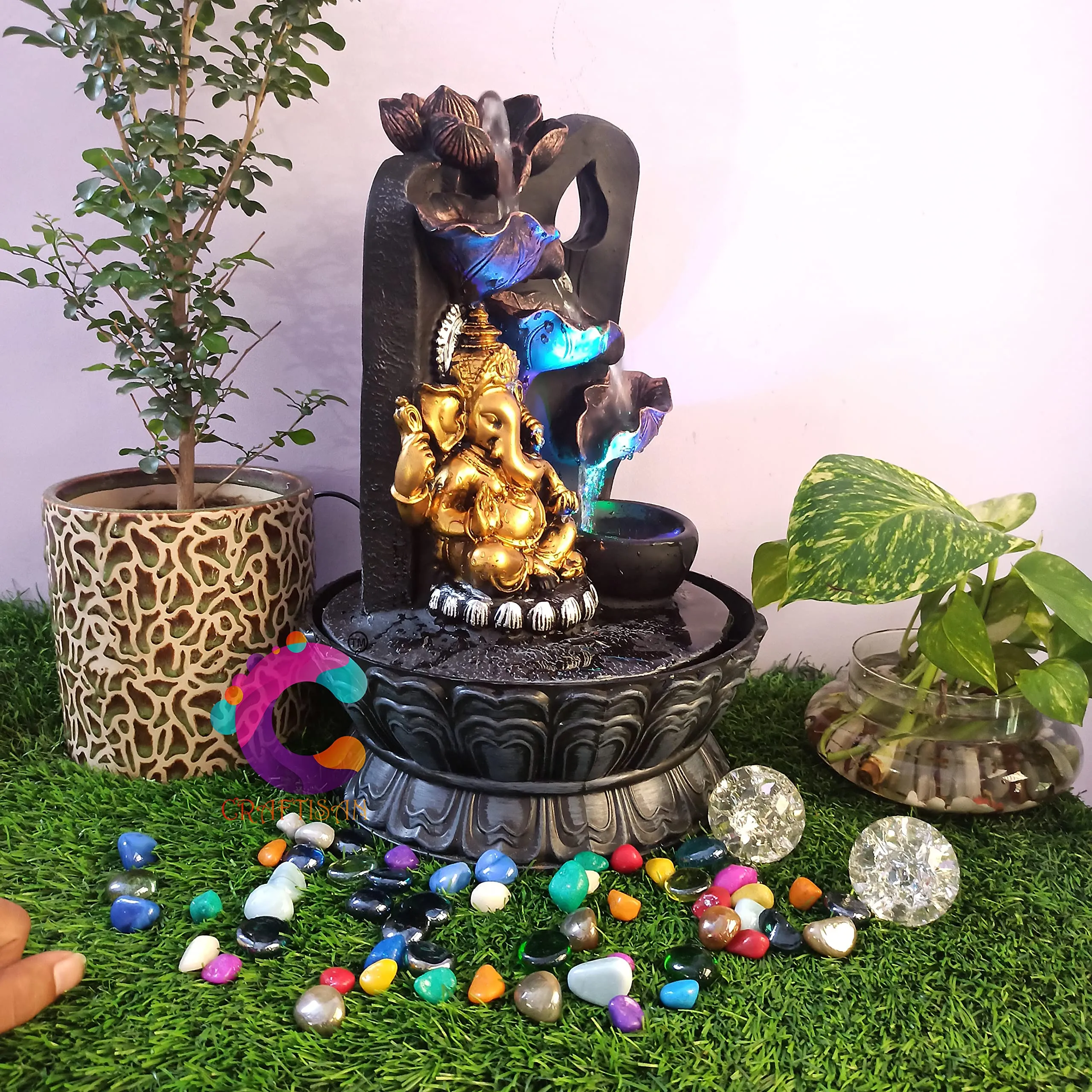 Craftisan™ Decorative Water Fountain for Home Décor, Office, Indoor & Outdoor, Garden, Puja Room, Vaastu, Reception, Spa, Gifting. (3 Step Diya Ganesh) (4 Step Ganesha)