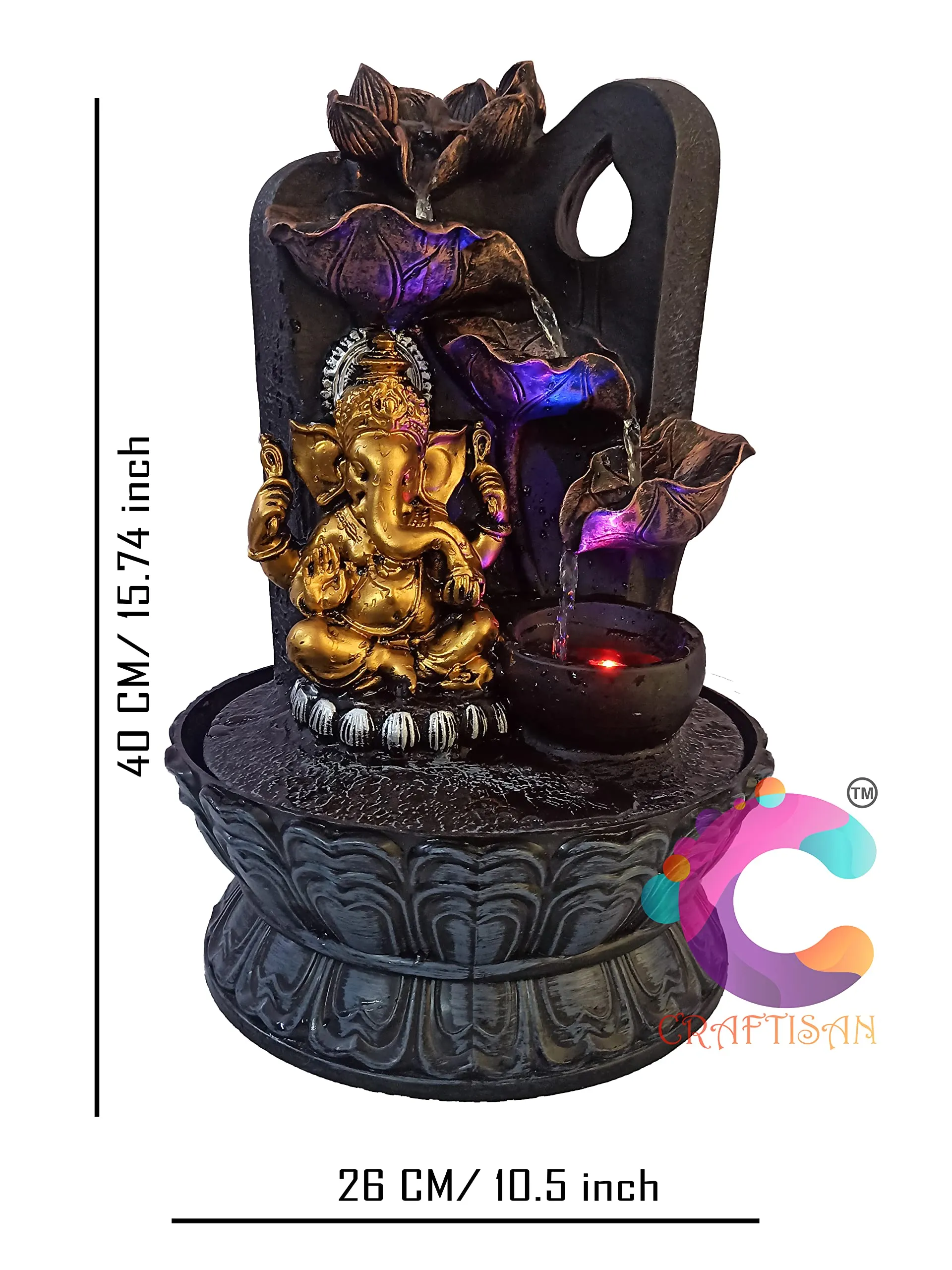 Craftisan™ Decorative Water Fountain for Home Décor, Office, Indoor & Outdoor, Garden, Puja Room, Vaastu, Reception, Spa, Gifting. (3 Step Diya Ganesh) (4 Step Ganesha)