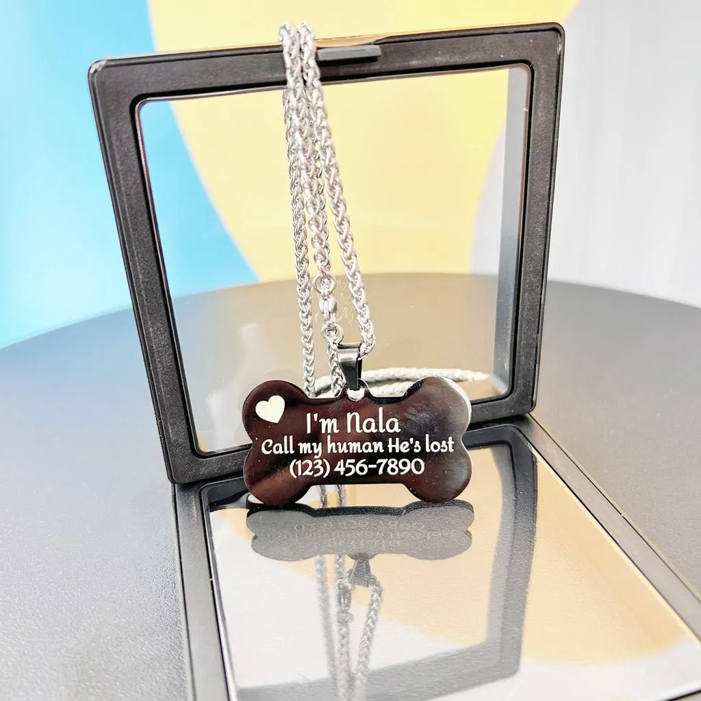 Custom Dog Tags, Bone Shape Stainless Steel with Chain and Box, 1.93x1.07 inch, Personalized Pets Engraved ID Name Plate