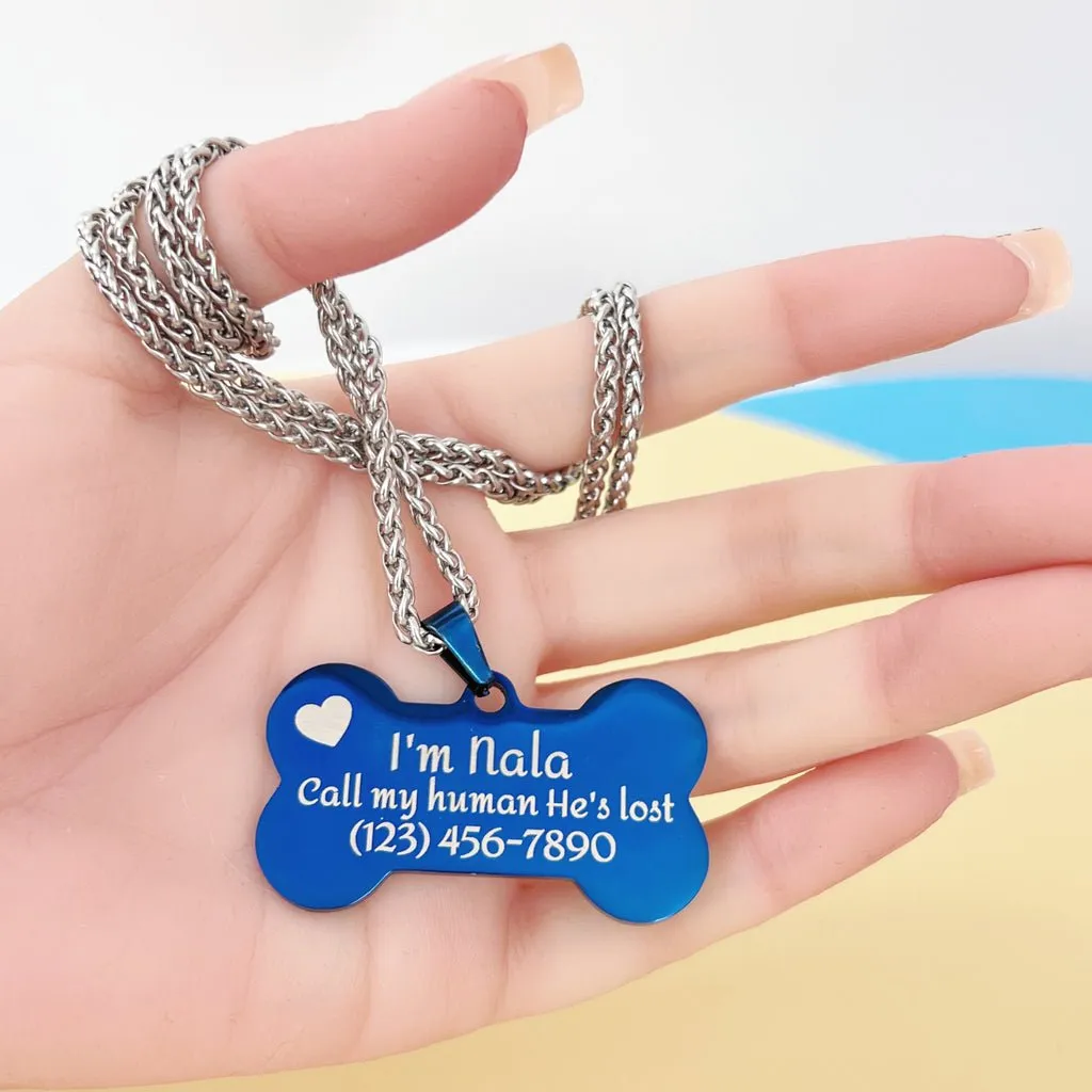 Custom Dog Tags, Bone Shape Stainless Steel with Chain and Box, 1.93x1.07 inch, Personalized Pets Engraved ID Name Plate