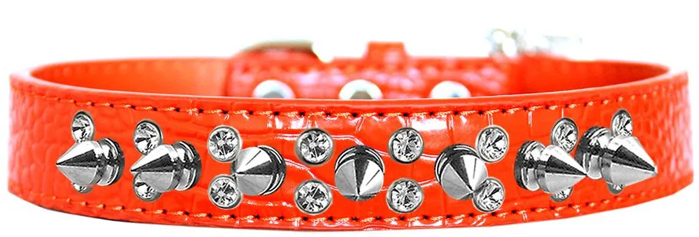 Double Crystal And Spike Croc Dog Collar Orange Size 16