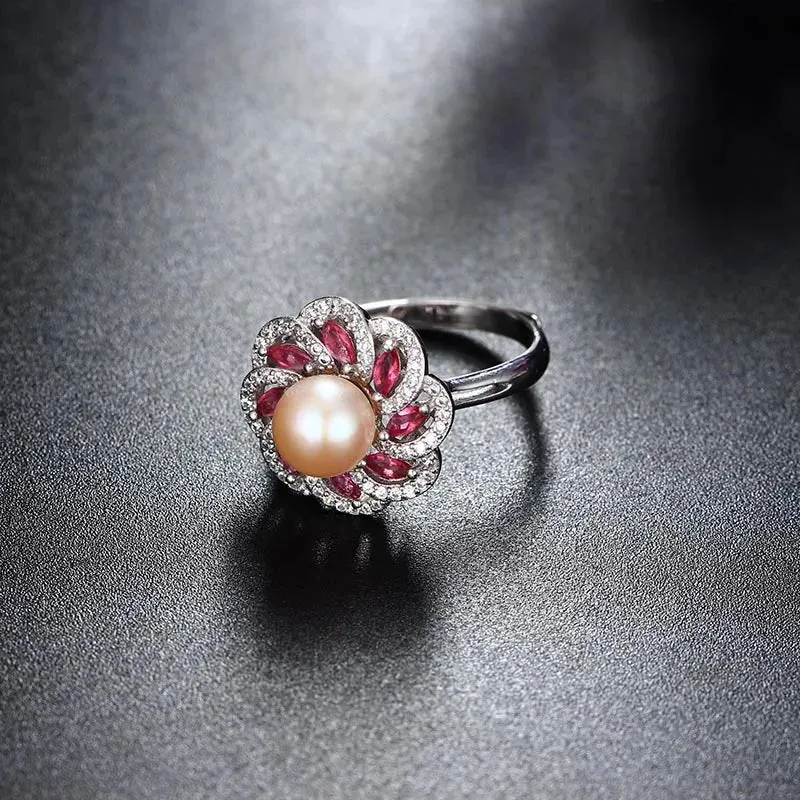 Genuine Freshwater Pearl 925 Sterling Silver Flower Resizable Ring