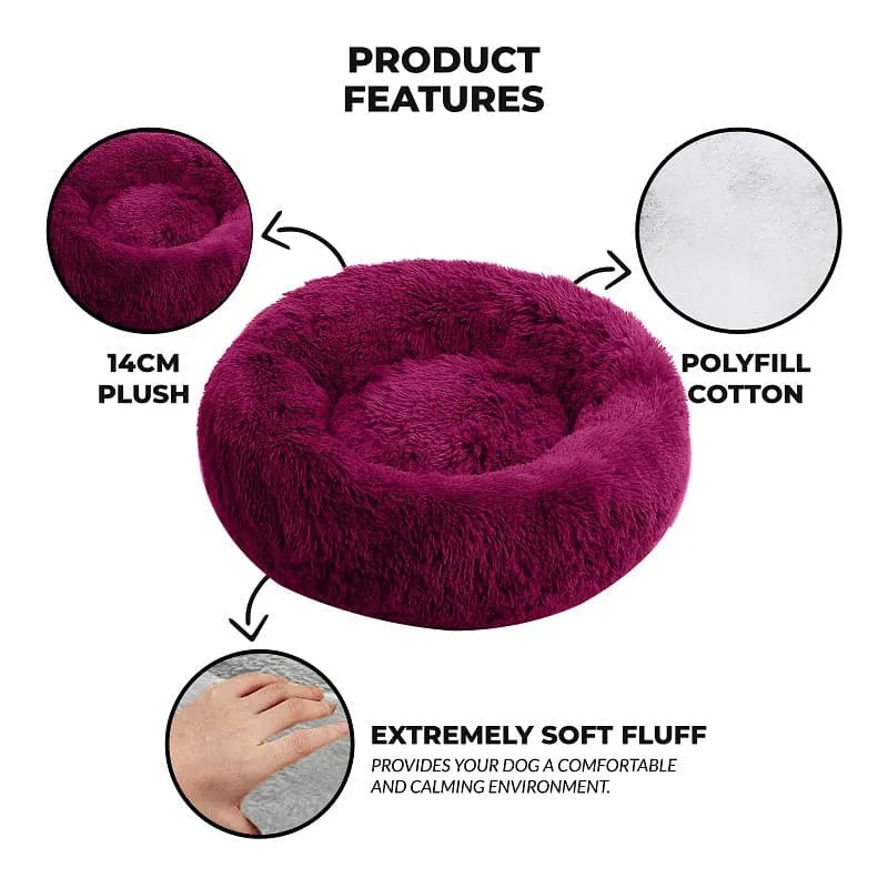 Goofy Tails Donut Sleeping Bed for Dogs | Luxurious Anti-Anxiety Snuggle Round Dog Bed (Plum)