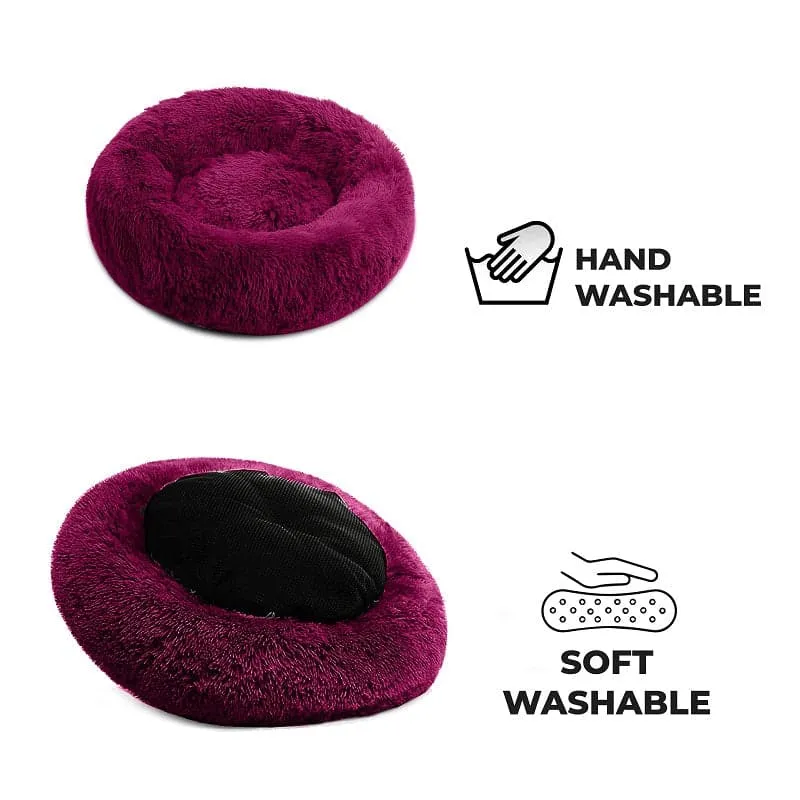 Goofy Tails Donut Sleeping Bed for Dogs | Luxurious Anti-Anxiety Snuggle Round Dog Bed (Plum)