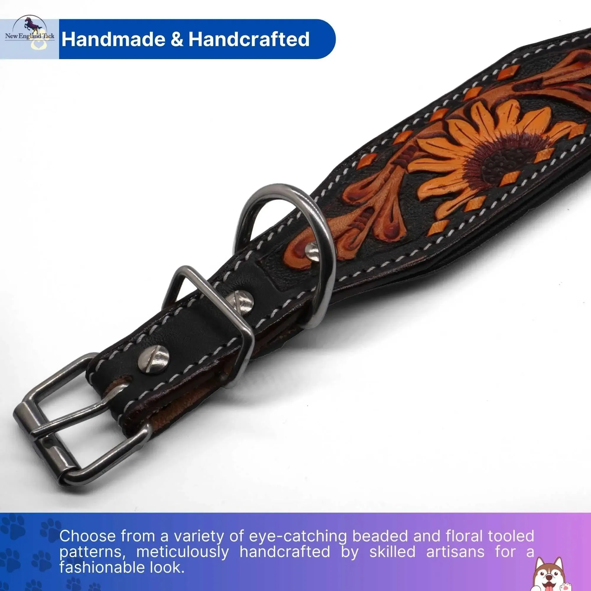 Handcrafted Argentinian Leather Dog Collar with Floral Tooling - Premium Quality