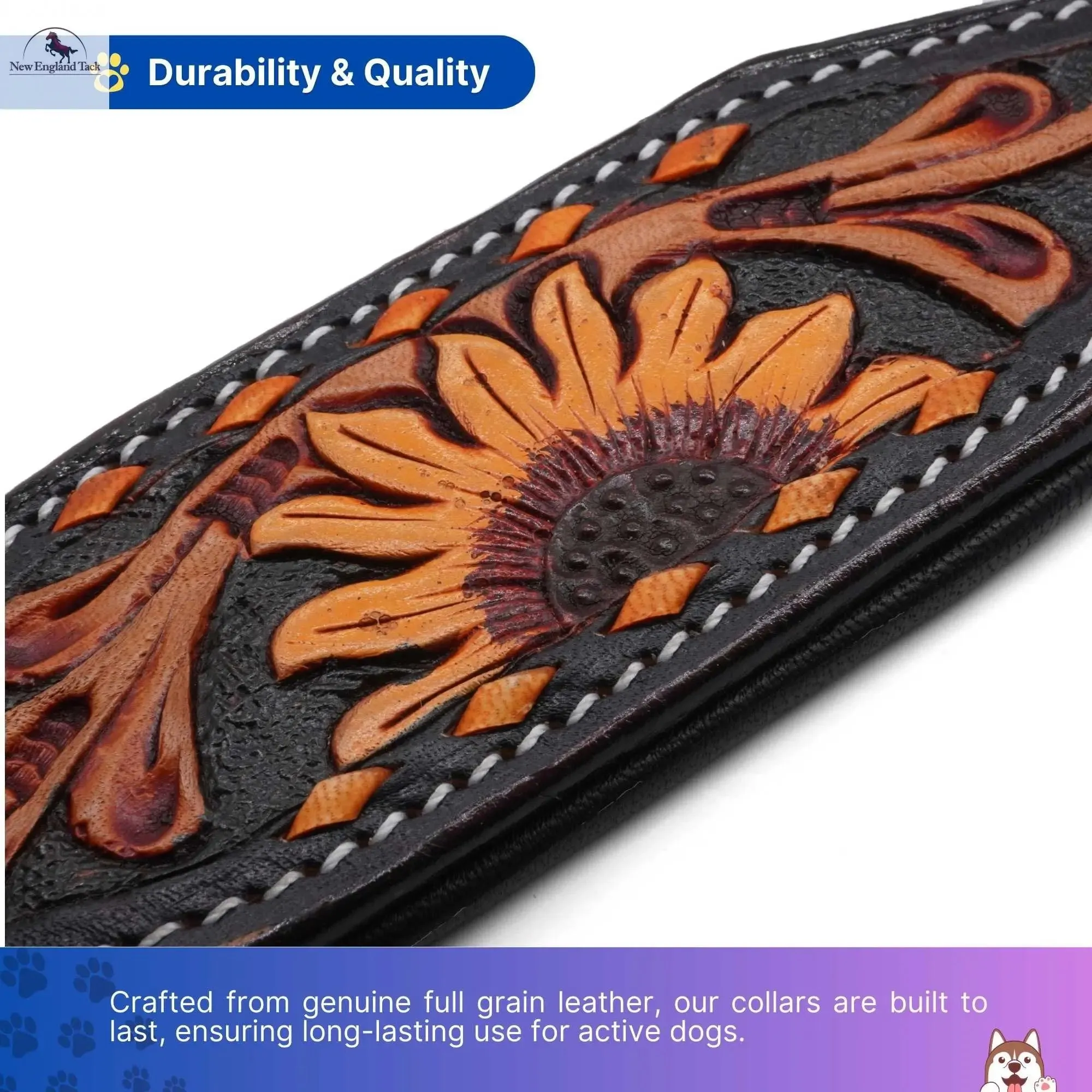 Handcrafted Argentinian Leather Dog Collar with Floral Tooling - Premium Quality