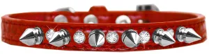 Silver Spike And Clear Jewel Croc Dog Collar Red Size 16