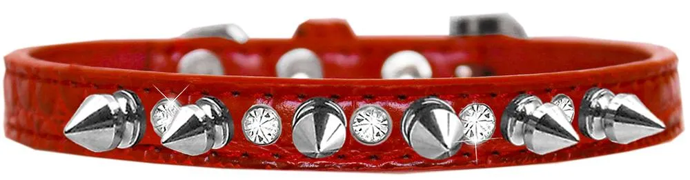 Silver Spike And Clear Jewel Croc Dog Collar Red Size 16