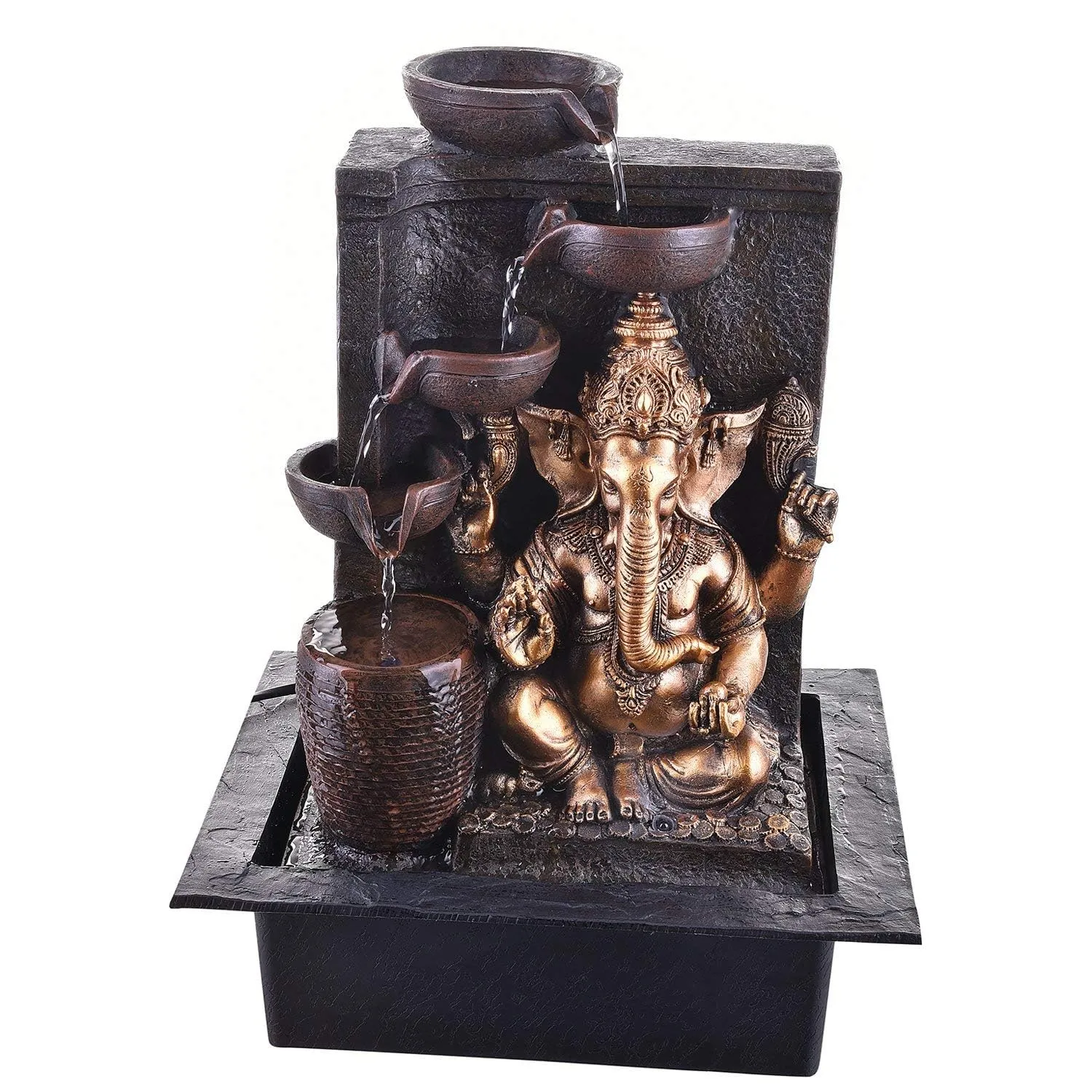 UrbCharm Ganesha 5-Steps Indoor Table Top Fountain with Multicolour Lights and Water Pump | Polyresin Table Top Indoor Outdoor Water Fall Fountain with LED Lights Home Decor Decoration Gift Gifting