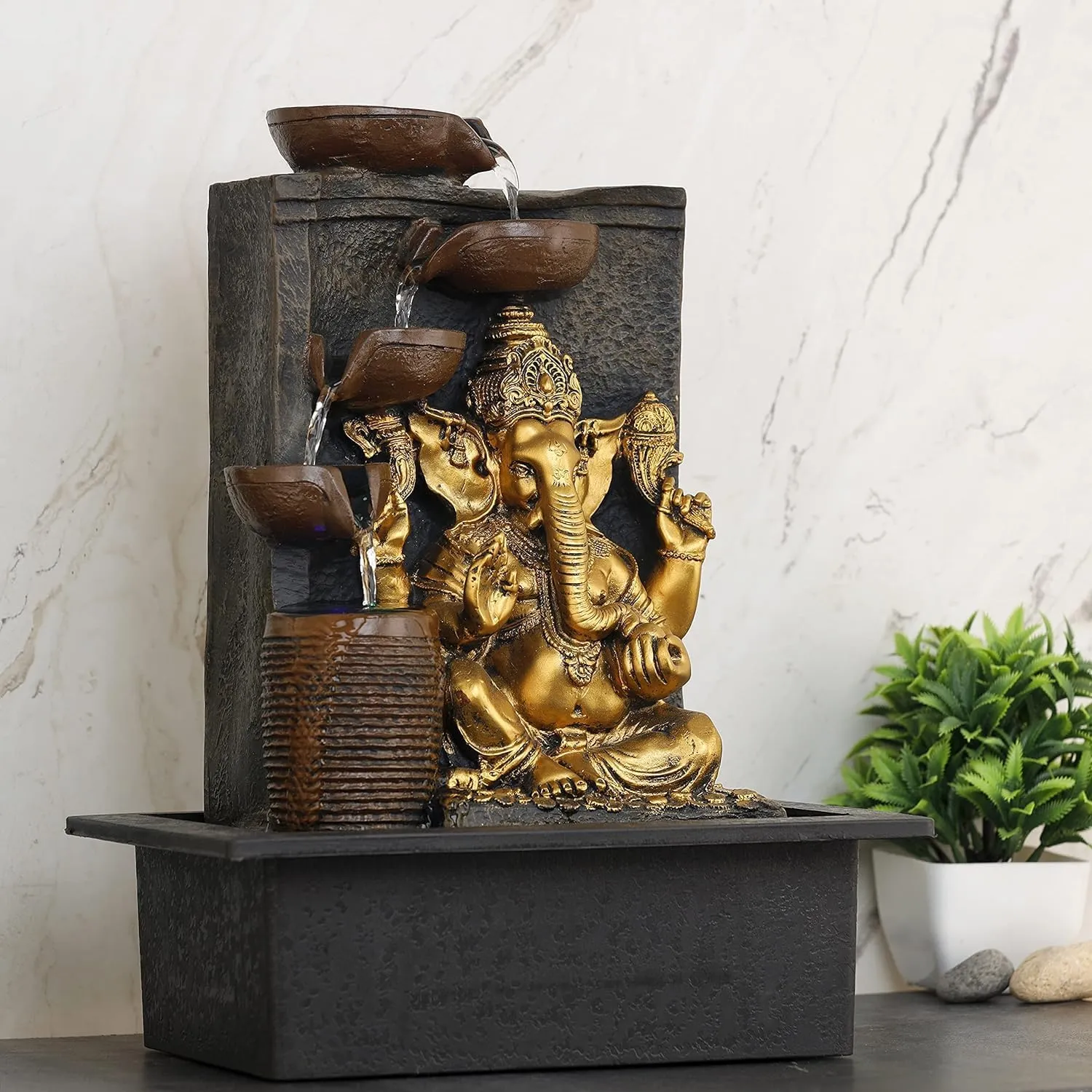 UrbCharm Ganesha 5-Steps Indoor Table Top Fountain with Multicolour Lights and Water Pump | Polyresin Table Top Indoor Outdoor Water Fall Fountain with LED Lights Home Decor Decoration Gift Gifting