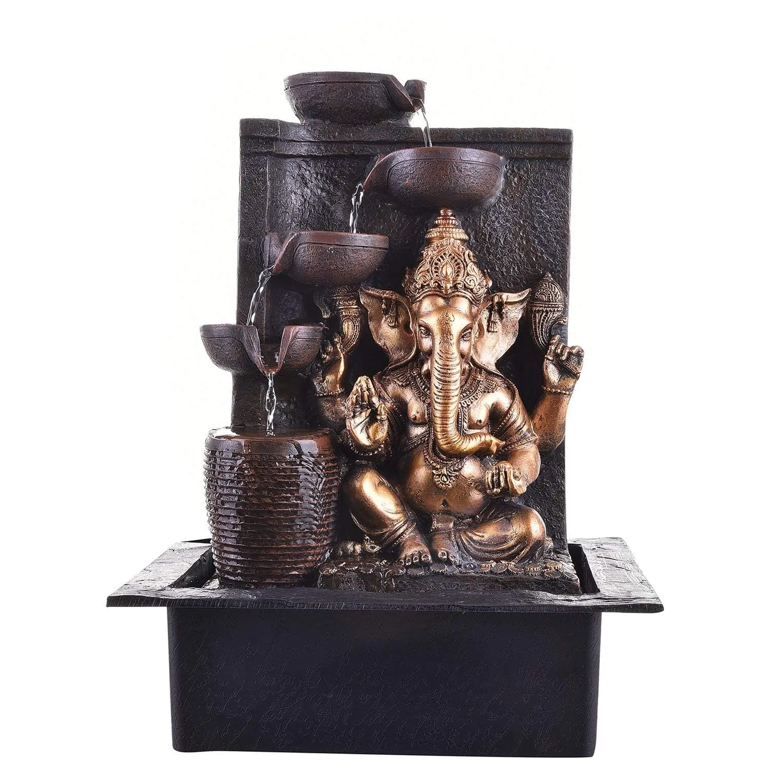 UrbCharm Ganesha 5-Steps Indoor Table Top Fountain with Multicolour Lights and Water Pump | Polyresin Table Top Indoor Outdoor Water Fall Fountain with LED Lights Home Decor Decoration Gift Gifting