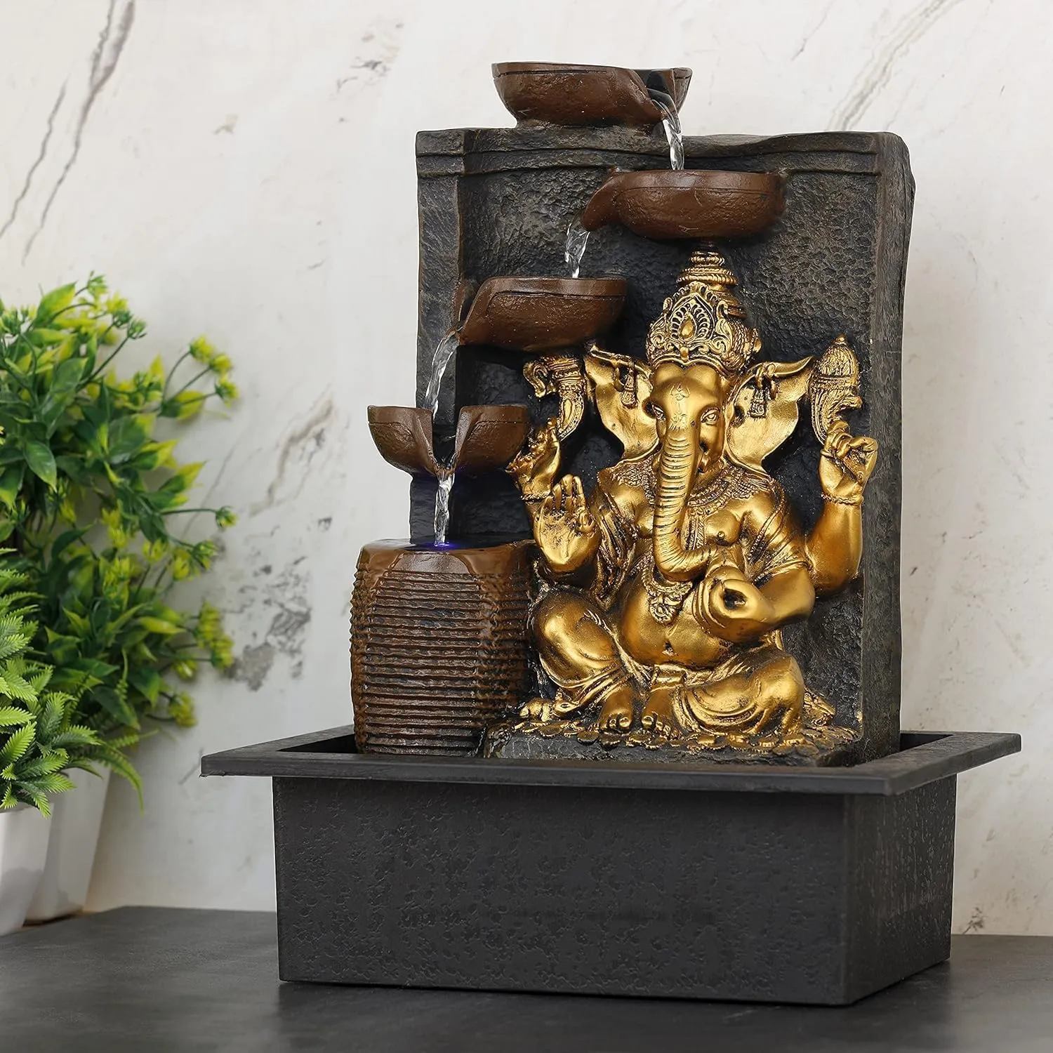 UrbCharm Ganesha 5-Steps Indoor Table Top Fountain with Multicolour Lights and Water Pump | Polyresin Table Top Indoor Outdoor Water Fall Fountain with LED Lights Home Decor Decoration Gift Gifting